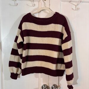 Striped Off-the-Shoulder Sweater in Burgundy and Cream